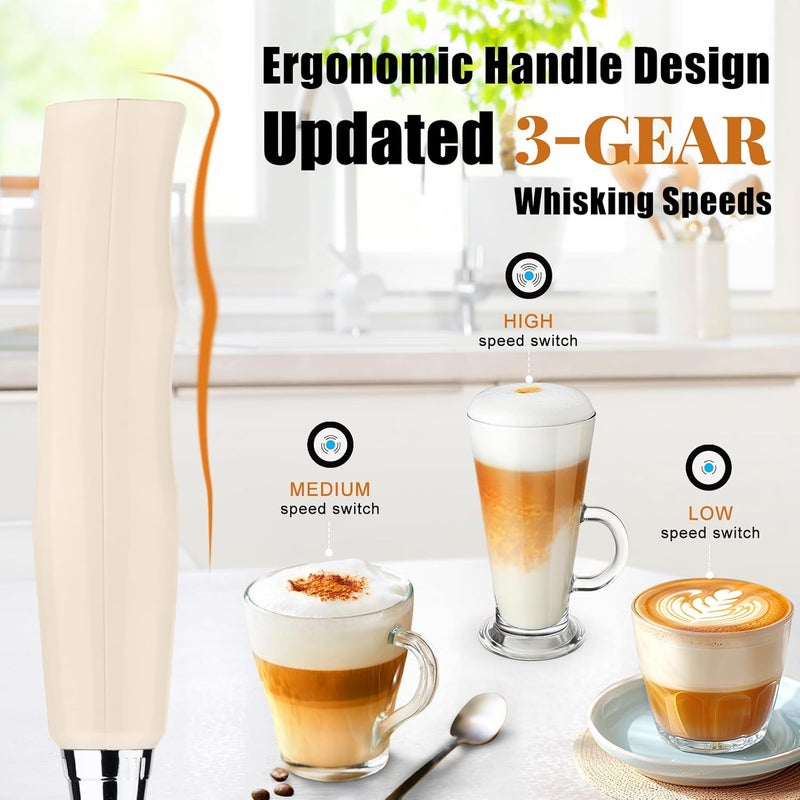 Nahida Beige Milk Frother Wand for Coffee, Frother Handheld Rechargeable Electric Whisk with 3 Heads 3 Speeds Drink Mixer Coffee Frother Foam Maker For Latte, Cappuccino, Hot Chocolate, Egg - Image 3